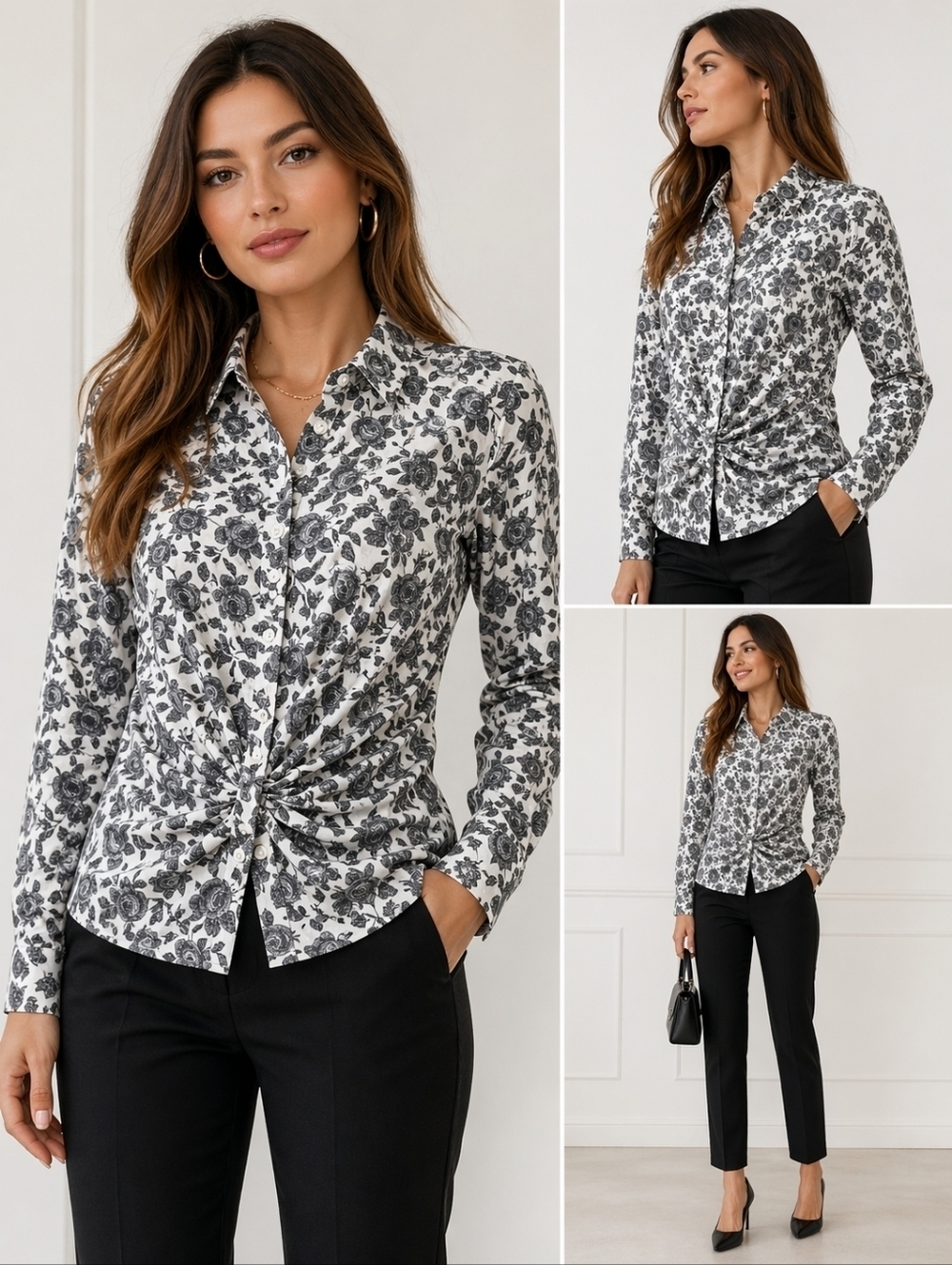 Sz S Thakoon for Design Nation Long Sleeve Black White Floral Button-Up Shirt